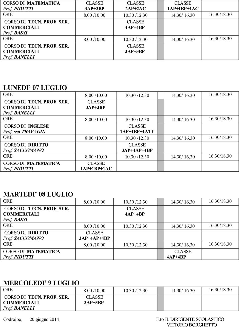 SACCOMANO 3AP+ 1AP+1BP+1AC MARTEDI 08 LUGLIO CORSO DI TECN. PROF. SER. COMMERCIALI Prof. BASSI CORSO DI DIRITTO Prof.