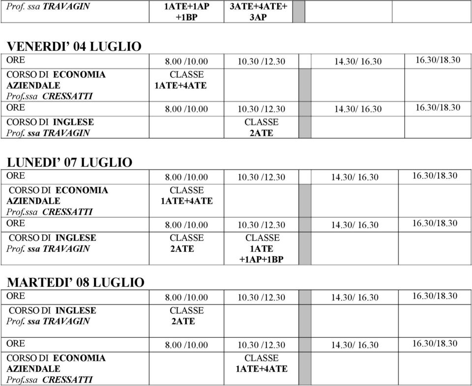 ssa CRESSATTI 1ATE+4ATE 2ATE LUNEDI 07 LUGLIO CORSO DI ECONOMIA ssa