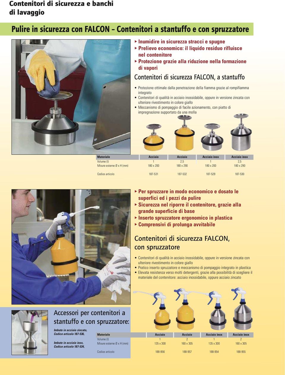 al rompifiamma integrato Contenitori di qualità in acciaio inossidabile, oppure in versione zincata con ulteriore rivestimento in colore giallo Meccanismo di pompaggio di facile azionamento, con