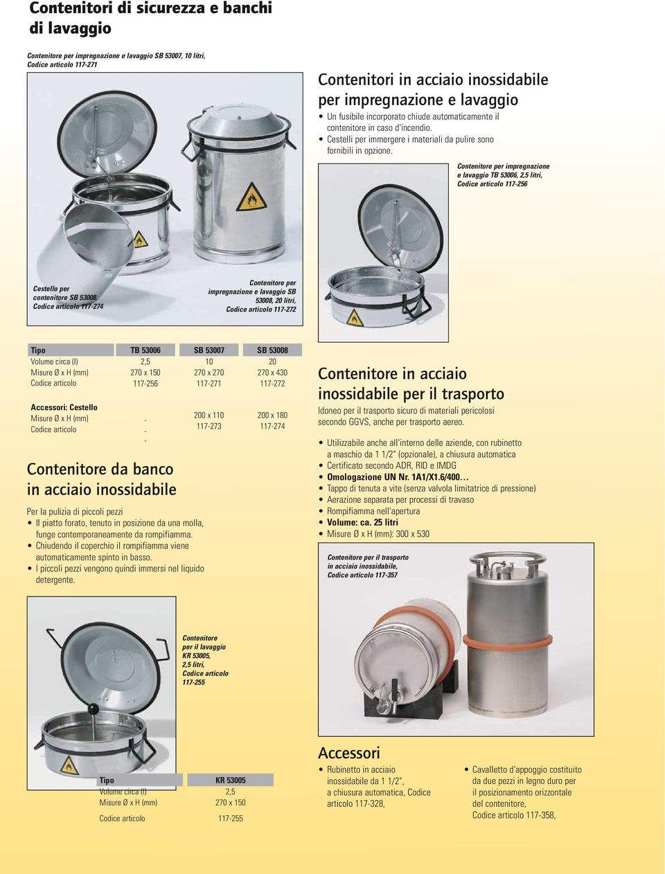 Contenitore per impregnazione e lavaggio TB 53006, 2,5 litri, 117-256 Cestello per contenitore SB 53008, 117-274 Contenitore per impregnazione e lavaggio SB 53008, 20 litri, 117-272 Volume circa (l)