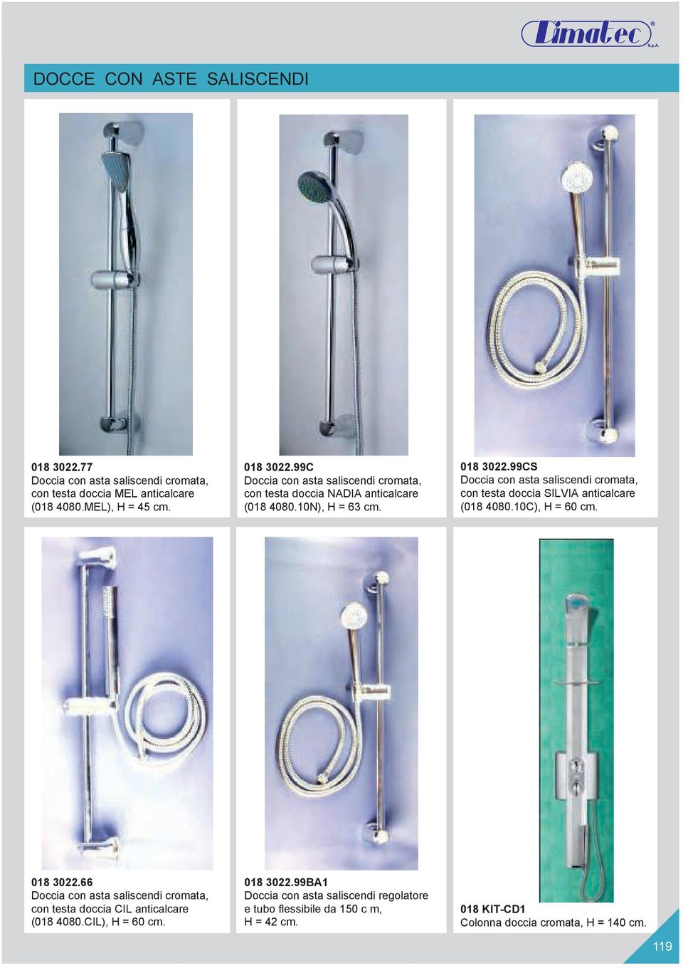 CIL), H = 60 cm. 018 3022.99BA1 Doccia con asta saliscendi regolatore e tubo flessibile da 150 c m, H = 42 cm.