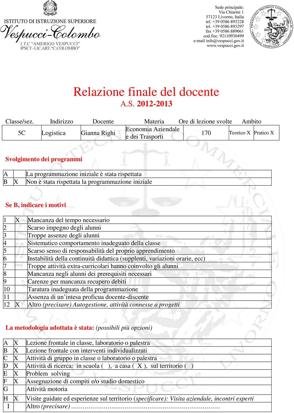 stata rispettata B X Non è stata rispettata la programmazione iniziale Se B, indicare i motivi 1 X Mancanza del tempo necessario 2 Scarso impegno degli alunni 3 Troppe assenze degli alunni 4