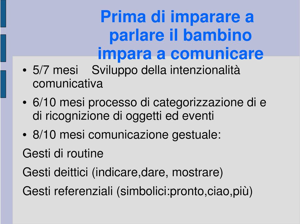 ricognizione di oggetti ed eventi 8/10 mesi comunicazione gestuale: Gesti di