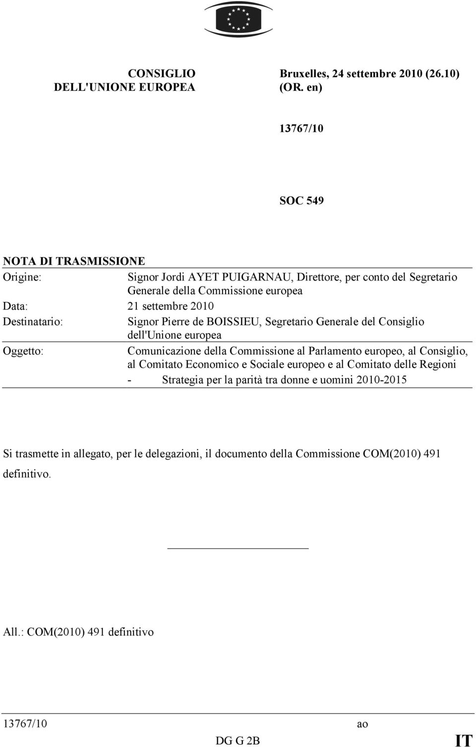 Destinatario: Signor Pierre de BOISSIEU, Segretario Generale del Consiglio dell'unione europea Oggetto: Comunicazione della Commissione al Parlamento europeo, al Consiglio,