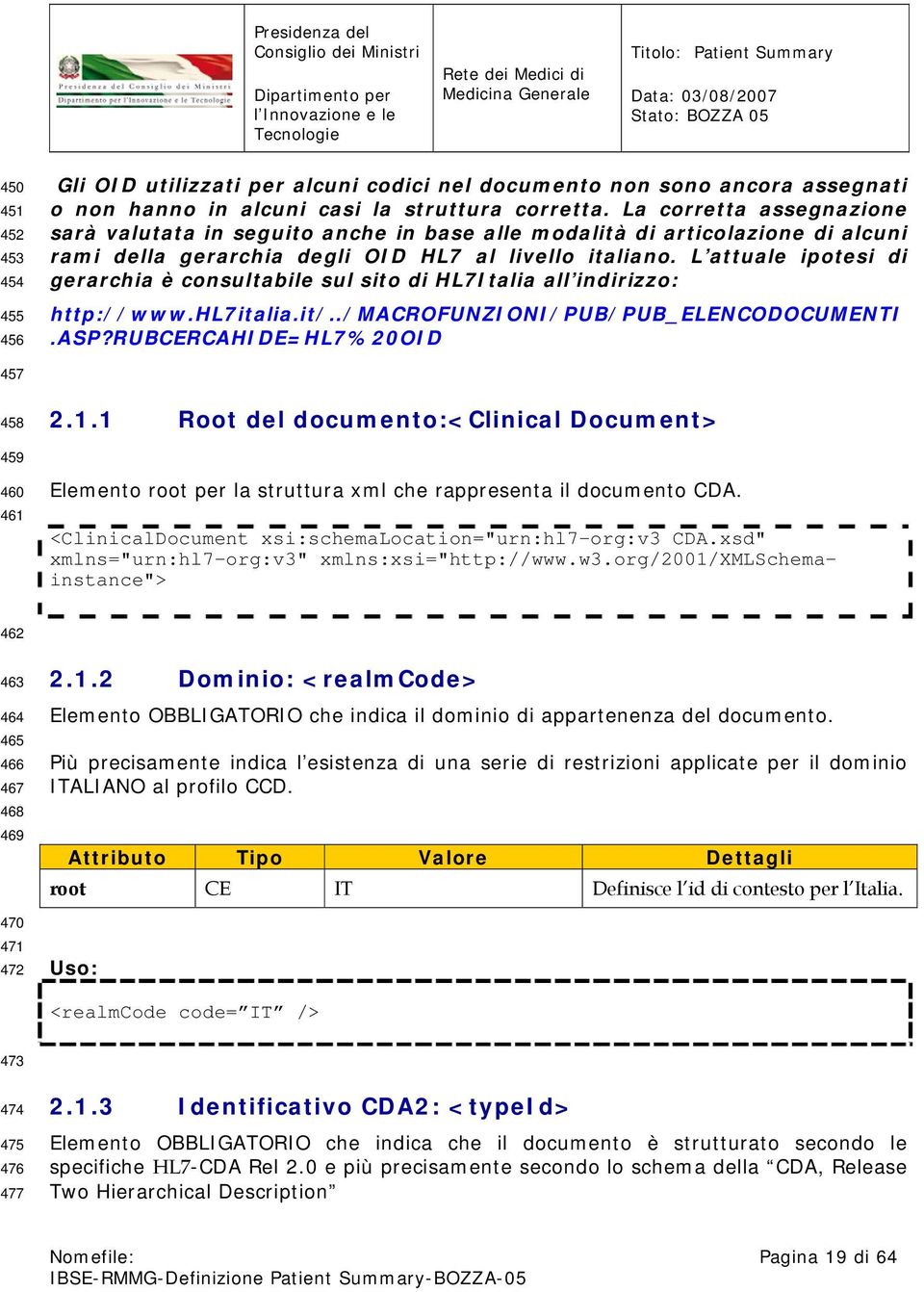 L attuale ipotesi di gerarchia è consultabile sul sito di HL7Italia all indirizzo: http://www.hl7italia.it/../macrofunzioni/pub/pub_elencodocumenti.asp?rubcercahide=hl7%20oid 457 458 2.1.