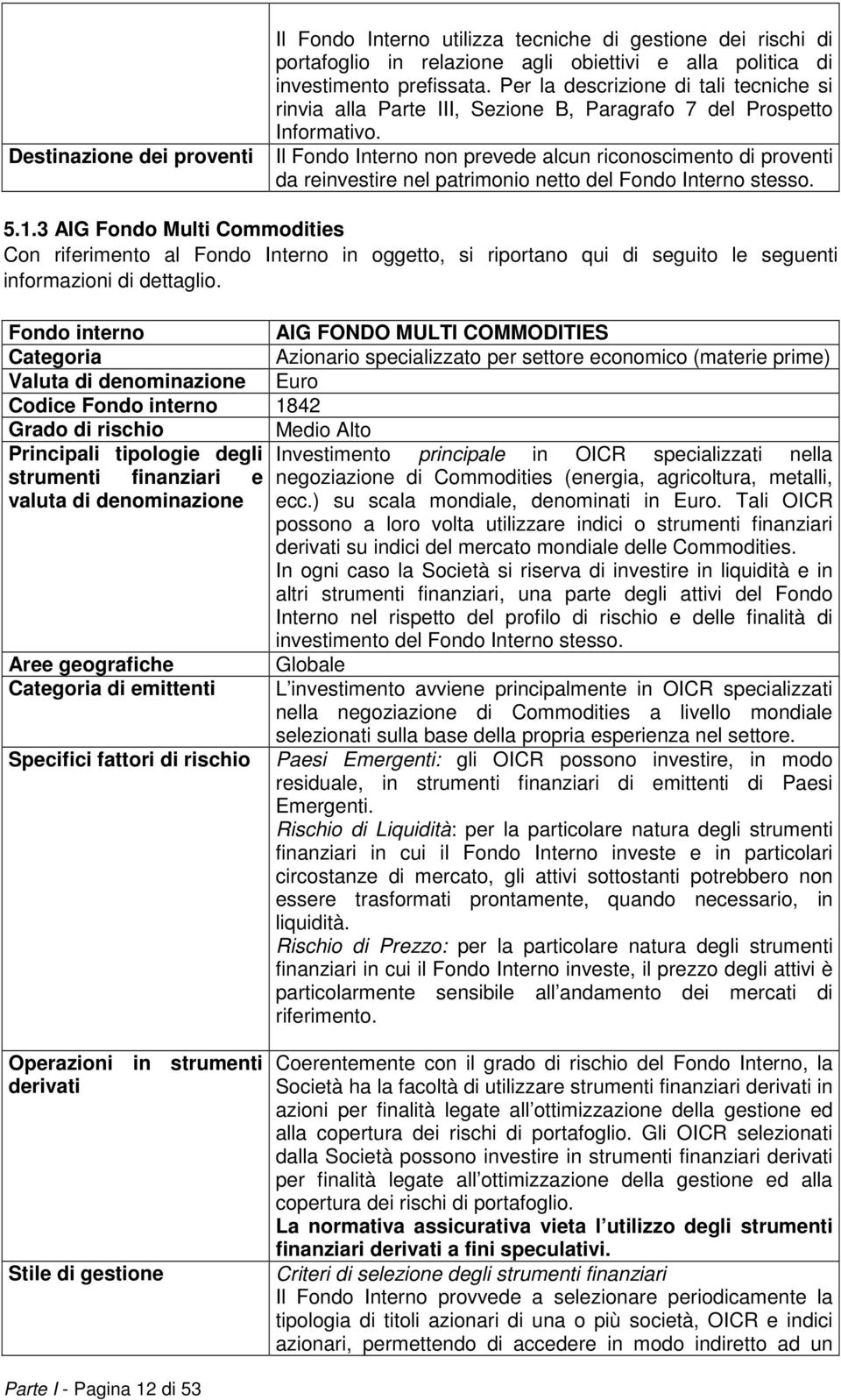 Il Fondo Interno non prevede alcun riconoscimento di proventi da reinvestire nel patrimonio netto del Fondo Interno stesso. 5.1.