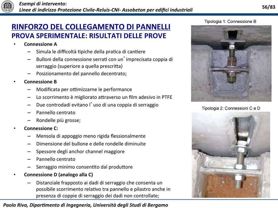 uso di una coppia di serraggio Pannello centrato Rondelle più grosse; Connessione C: Mensola di appoggio meno rigida flessionalmente Dimensione del bullone e delle rondelle diminuite Spessore degli