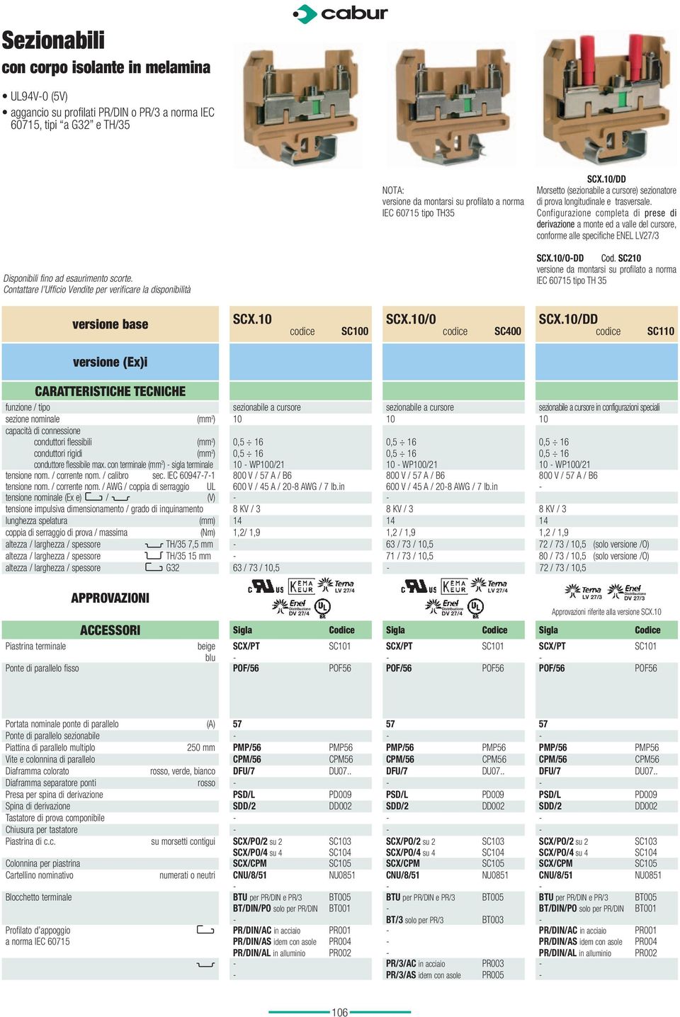 Configurazione completa di prese di derivazione a monte ed a valle del cursore, conforme alle specifiche ENEL LV27/3 Contattare l Ufficio Vendite per verificare la disponibilità SCX.10/ODD Cod.