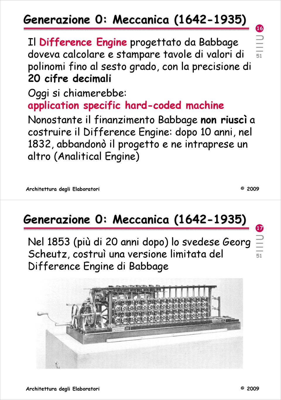 non riuscì a costruire il Difference Engine: dopo 10 anni, nel 1832, abbandonò il progetto e ne intraprese un altro (Analitical Engine) Generazione 0: