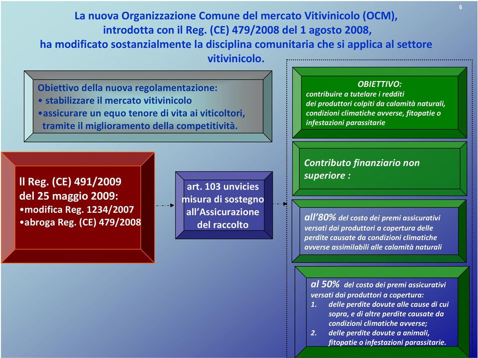 6 Obiettivo della nuova regolamentazione: stabilizzare il mercato vitivinicolo assicurare un equo tenore di vita ai viticoltori, tramite il miglioramento della competitività.