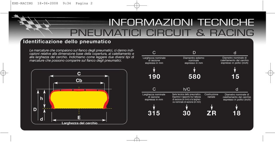 C D d Larghezza nominale di sezione espressa in mm Diamentro esterno nominale espresso in mm Diametro nominale di calettamento del cerchio espresso in pollici (inch) h C Cb 190 580 15 C h/c d