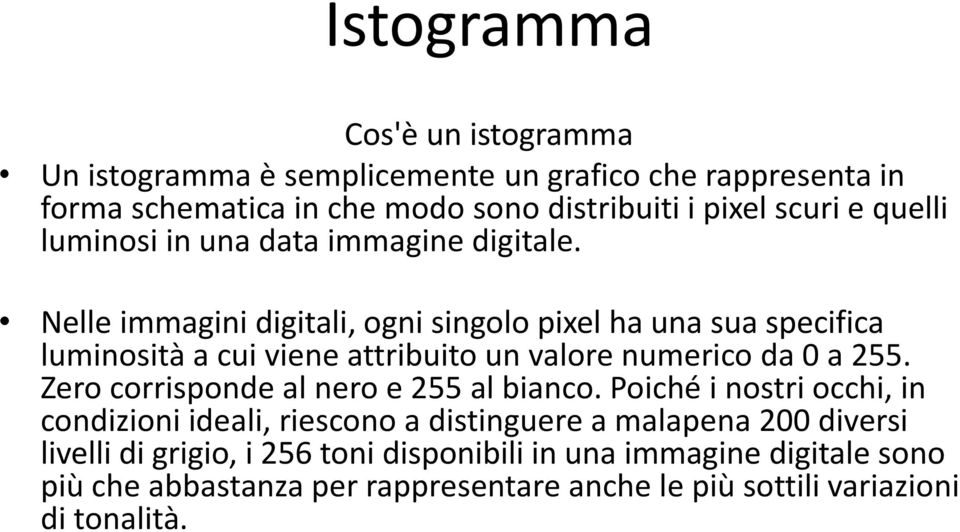 Nelle immagini digitali, ogni singolo pixel ha una sua specifica luminosità a cui viene attribuito un valore numerico da 0 a 255.