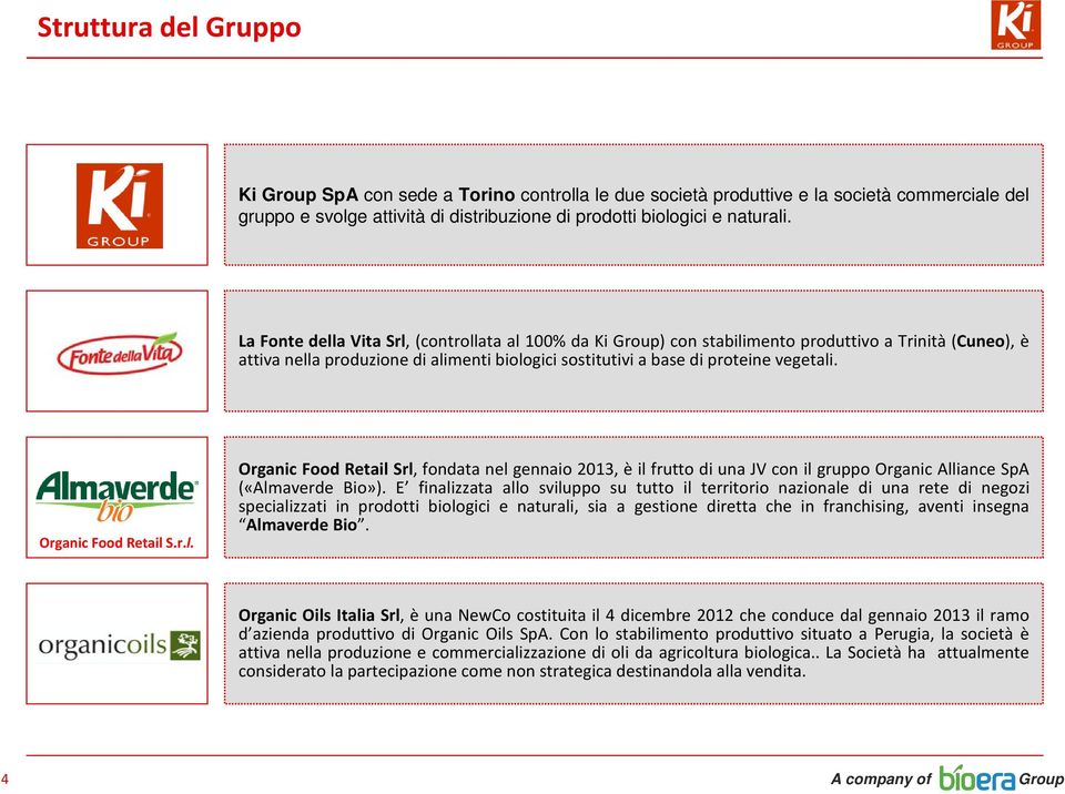 Organic Food Retail S.r.l. Organic Food Retail Srl, fondata nel gennaio 2013, è il frutto di una JV con il gruppo Organic Alliance SpA («Almaverde Bio»).