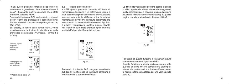 Sul display, a fianco della scritta, viene visualizzato anche il simbolo identificativo della grandezza selezionata (=mpere, W=Watt e V=). 5.