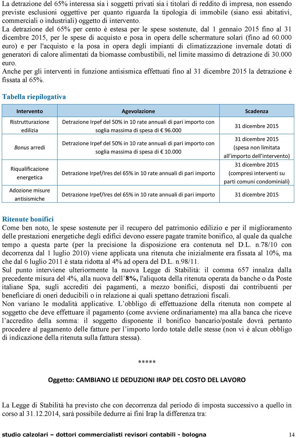 La detrazione del 65% per cento è estesa per le spese sostenute, dal 1 gennaio 2015 fino al 31 dicembre 2015, per le spese di acquisto e posa in opera delle schermature solari (fino ad 60.