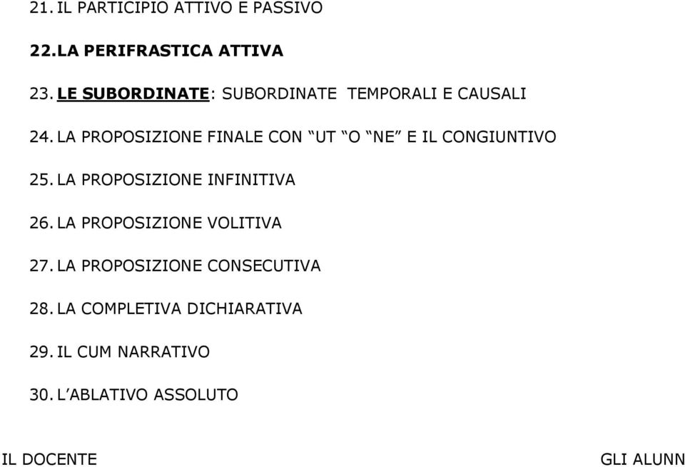 LA PROPOSIZIONE FINALE CON UT O NE E IL CONGIUNTIVO 25. LA PROPOSIZIONE INFINITIVA 26.