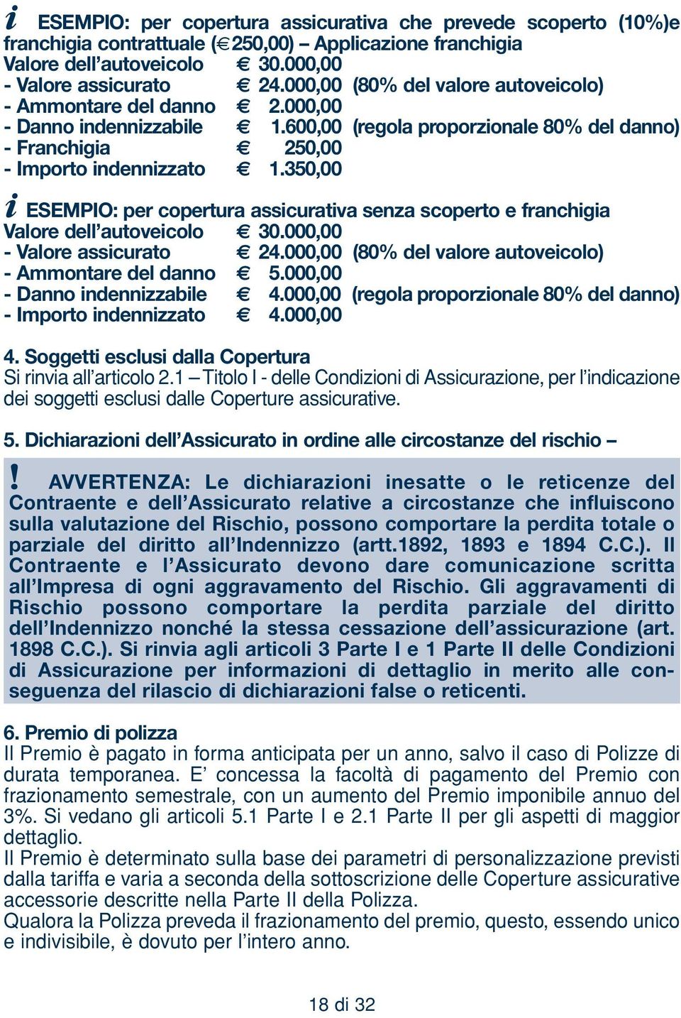 350,00 i ESEMPIO: per copertura assicurativa senza scoperto e franchigia Valore dell autoveicolo 30.000,00 - Valore assicurato 24.000,00 (80% del valore autoveicolo) - Ammontare del danno 5.