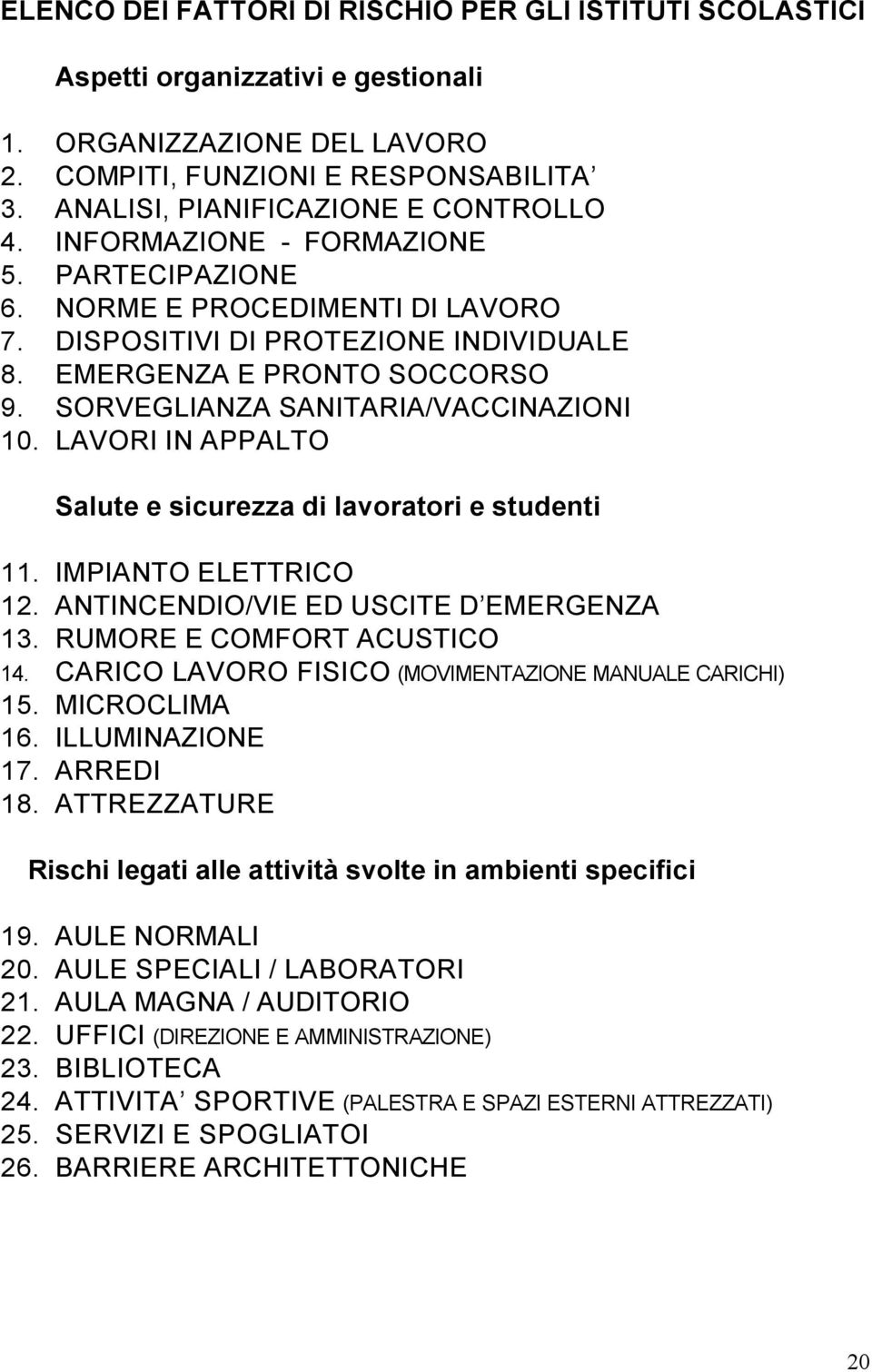 APPALTO Salute e sicurezza di lavoratori e studenti 11 IMPIANTO ELETTRICO 12 ANTINCENDIO/VIE ED USCITE D EMERGENZA 13 RUMORE E COMFORT ACUSTICO 14 CARICO LAVORO FISICO (MOVIMENTAZIONE MANUALE