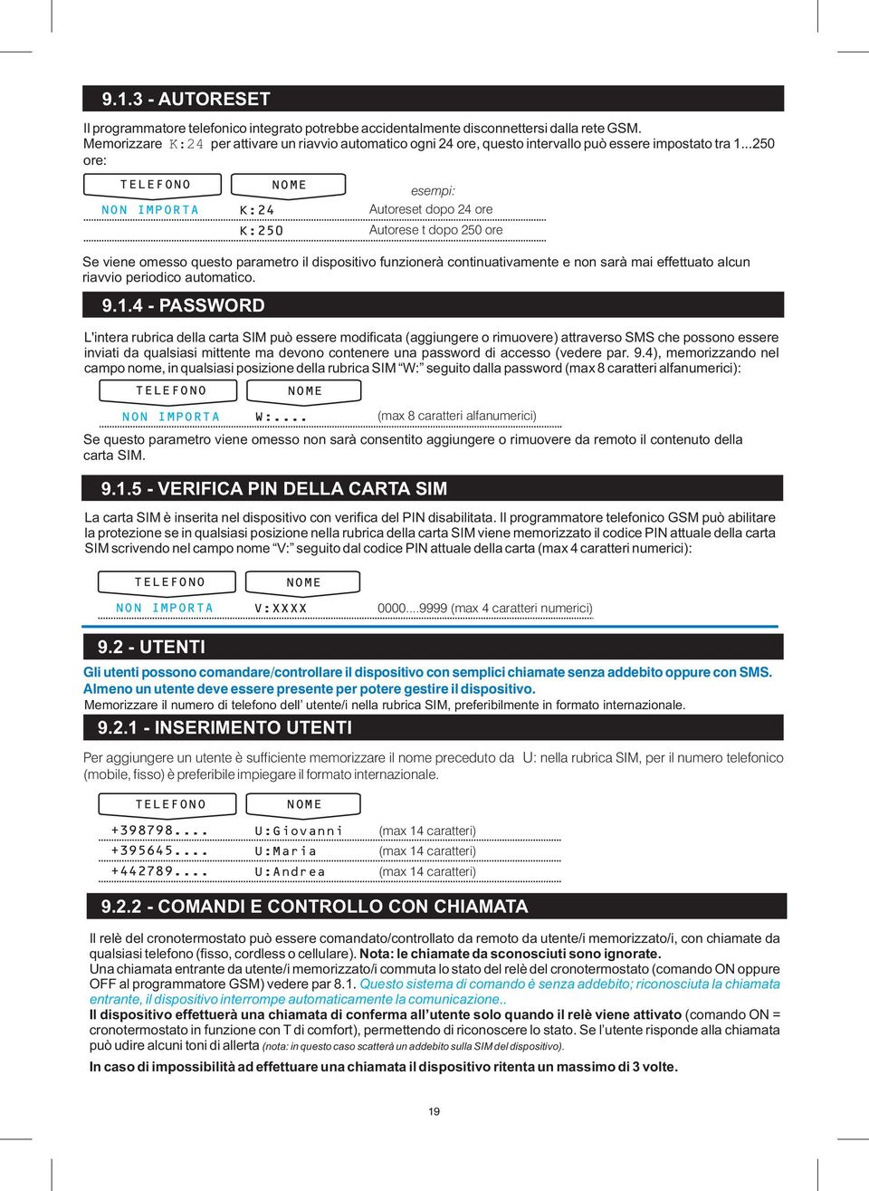 auomaico 914 - PASSWOD L'inera rubrica della cara SIM può essere modificaa (aggiungere o rimuovere) araverso SMS che possono essere inviai da qualsiasi miene ma devono conenere una password di