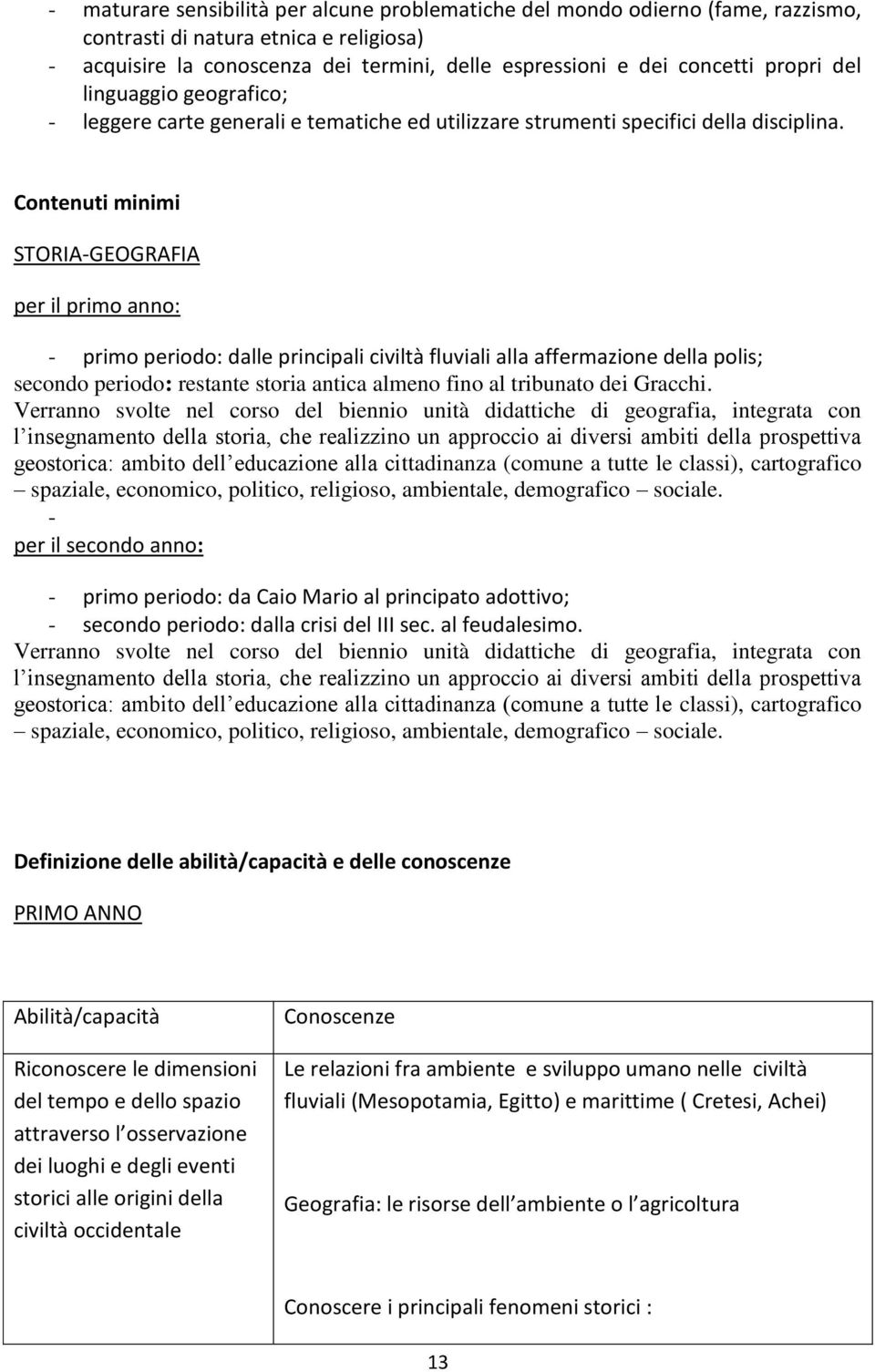 Contenuti minimi STORIA-GEOGRAFIA per il primo anno: - primo periodo: dalle principali civiltà fluviali alla affermazione della polis; secondo periodo: restante storia antica almeno fino al tribunato