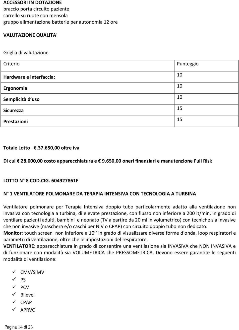 650,00 oneri finanziari e manutenzione Full Risk LOTTO N 8 COD.CIG.