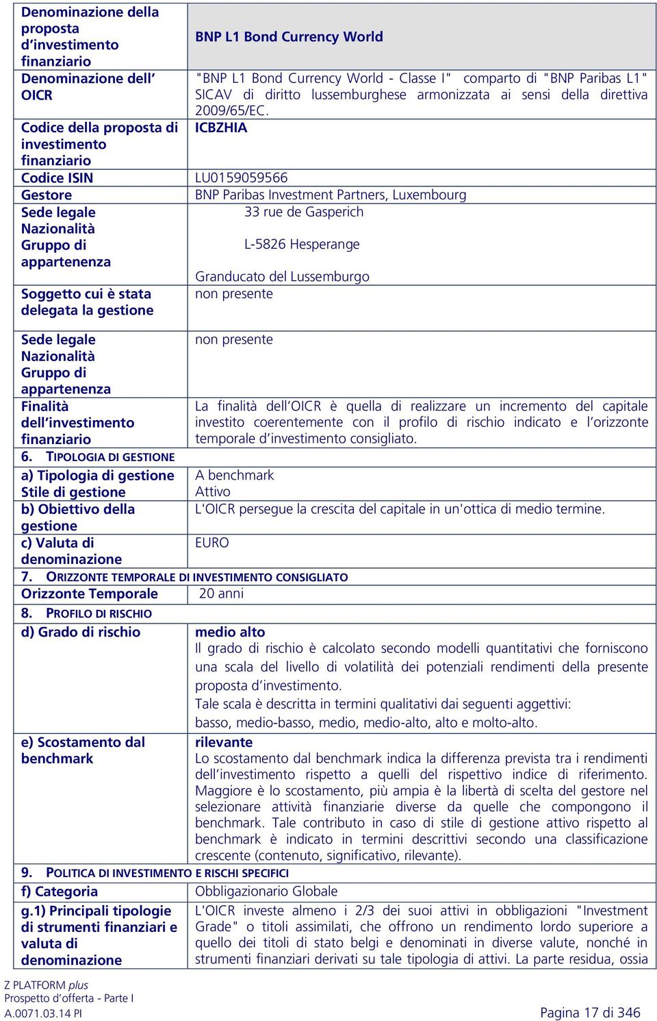 ICBZHIA LU0159059566 BNP Paribas Investment Partners, Luxembourg 33 rue de Gasperich L-5826 Hesperange Granducato del Lussemburgo non presente Finalità dell investimento 6.