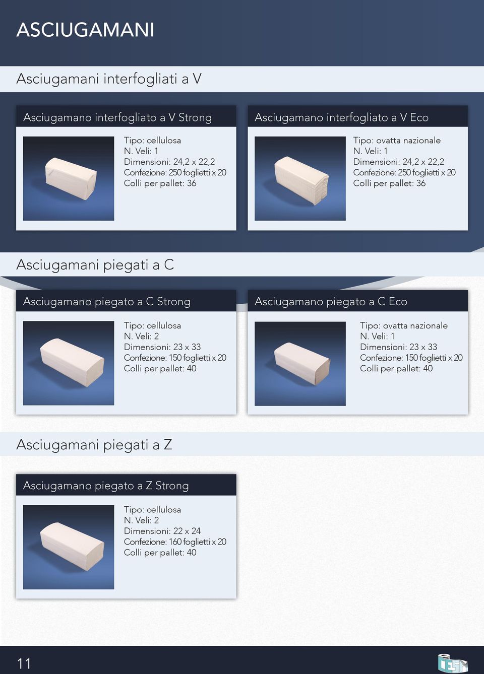 Veli: 1 Dimensioni: 24,2 x 22,2 Confezione: 250 foglietti x 20 Colli per pallet: 36 Asciugamani piegati a C Asciugamano piegato a C Strong Tipo: cellulosa N.