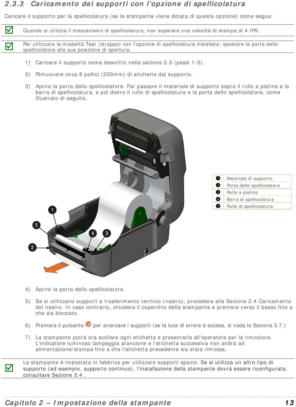 Per utilizzare la modalità Tear (strappo) con l'opzione di spellicolatura installata; spostare la porta dello spellicolatore alla sua posizione di apertura.