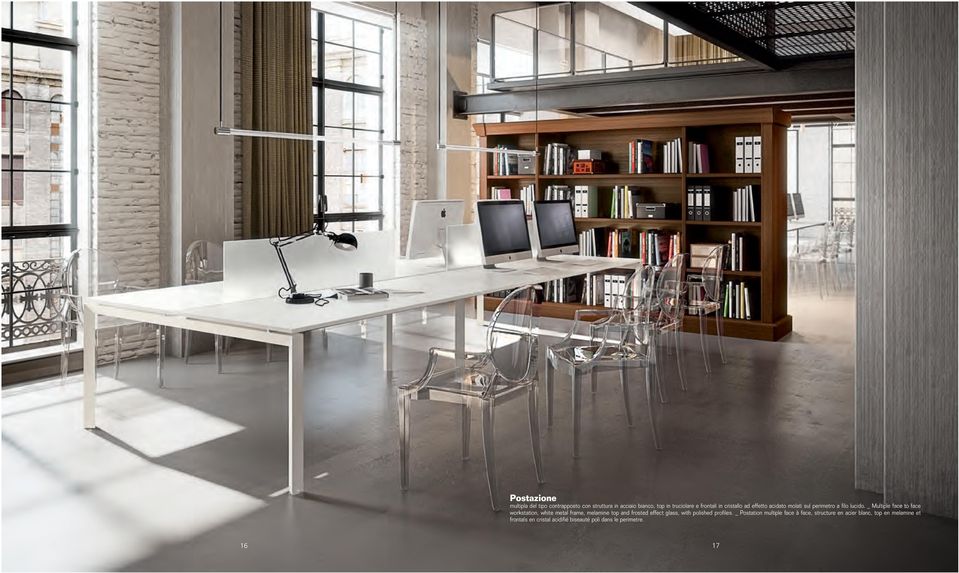 _ Multiple face to face workstation, white metal frame, melamine top and frosted effect glass, with polished