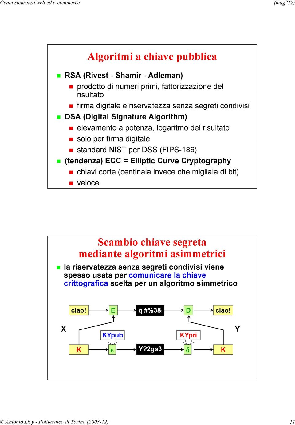 Elliptic Curve Cryptography chiavi corte (centinaia invece che migliaia di bit) veloce Scambio chiave segreta mediante algoritmi asimmetrici la riservatezza senza