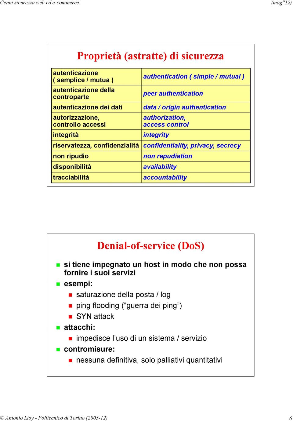 secrecy non ripudio non repudiation disponibilità availability tracciabilità accountability Denial-of-service (DoS) si tiene impegnato un host in modo che non possa fornire i suoi