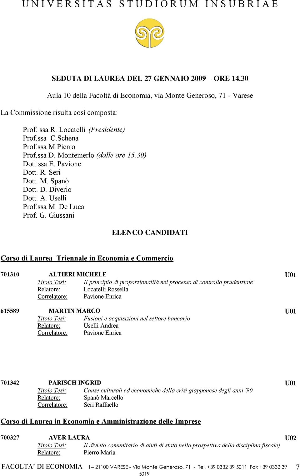 Giussani ELENCO CANDIDATI Corso di Laurea Triennale in Economia e Commercio 701310 ALTIERI MICHELE U01 Titolo Tesi: Il principio di proporzionalità nel processo di controllo prudenziale Relatore: