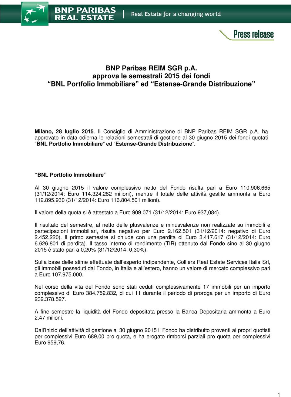 BNL Portfolio Immobiliare Al 30 giugno 2015 il valore complessivo netto del Fondo risulta pari a Euro 110.906.665 (31/12/2014: Euro 114.324.