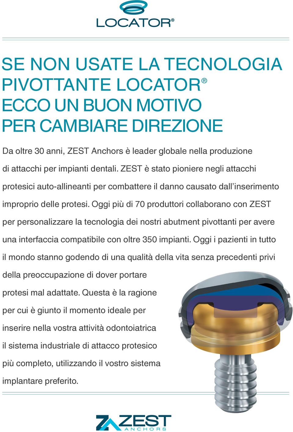 Oggi più di 70 produttori collaborano con ZEST per personalizzare la tecnologia dei nostri abutment pivottanti per avere una interfaccia compatibile con oltre 350 impianti.