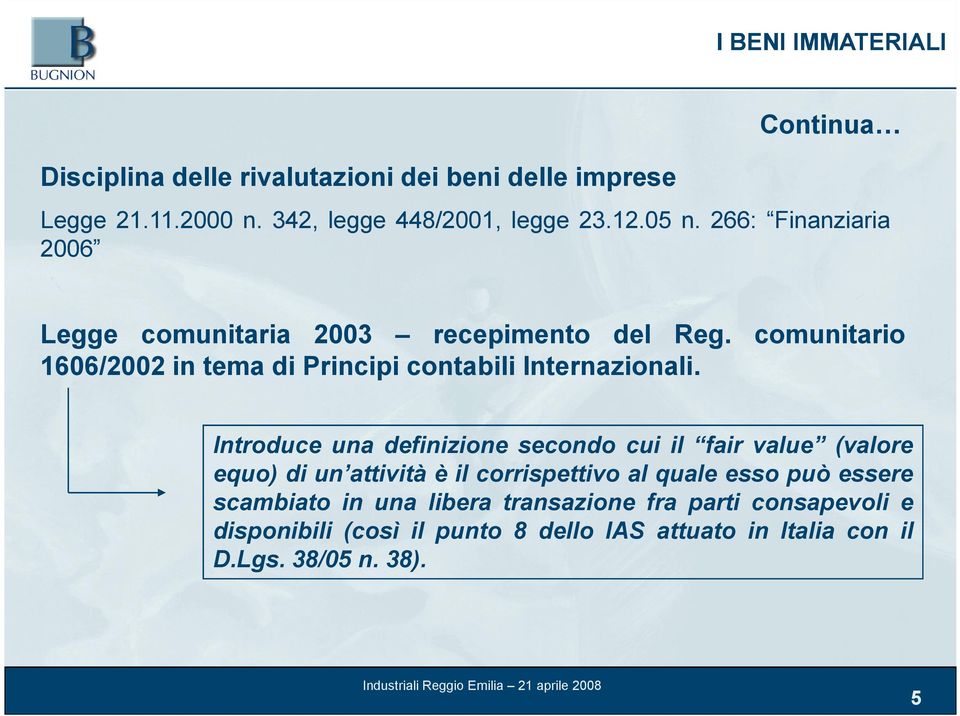 Introduce una definizione secondo cui il fair value (valore equo) di un attività è il corrispettivo al quale esso può essere scambiato