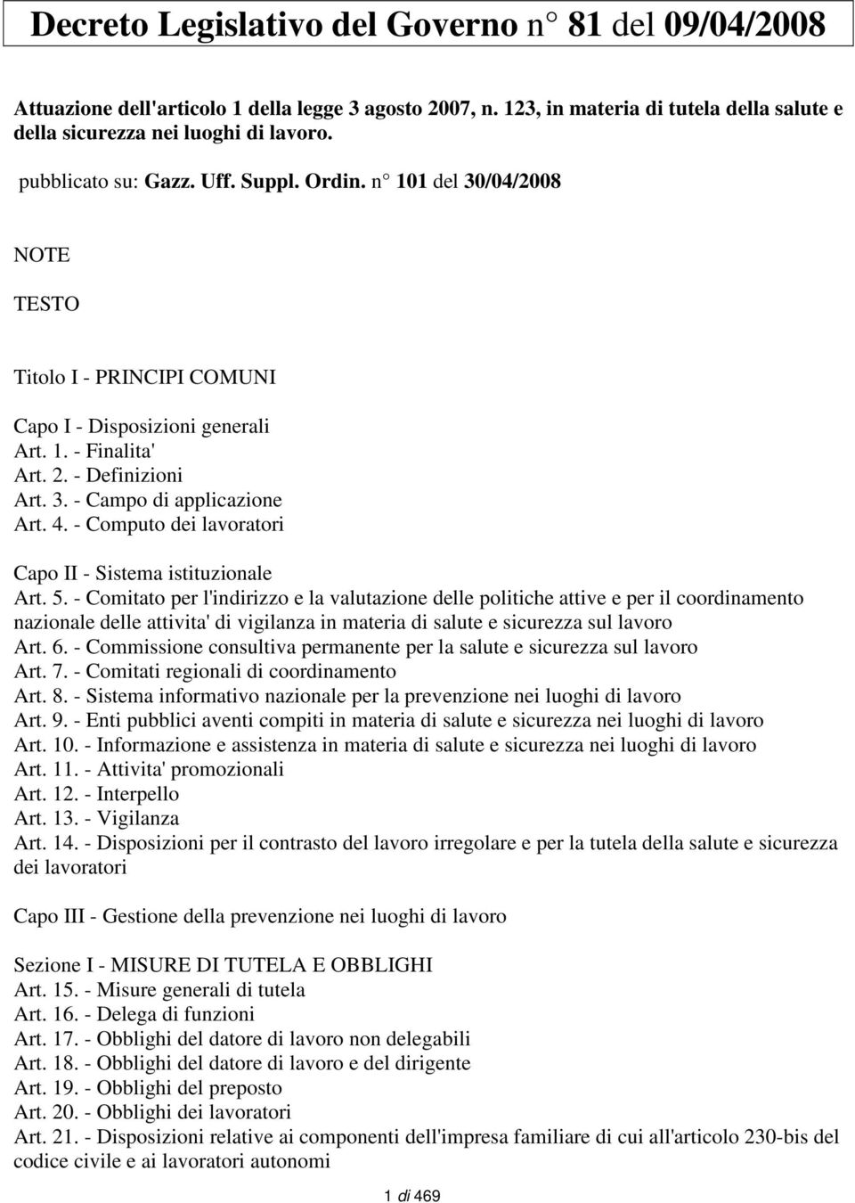 4. - Computo dei lavoratori Capo II - Sistema istituzionale Art. 5.