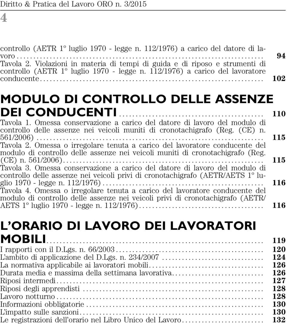 ..... 102 MODULO DI CONTROLLO DELLE ASSENZE DEI CONDUCENTI... 110 Tavola 1.