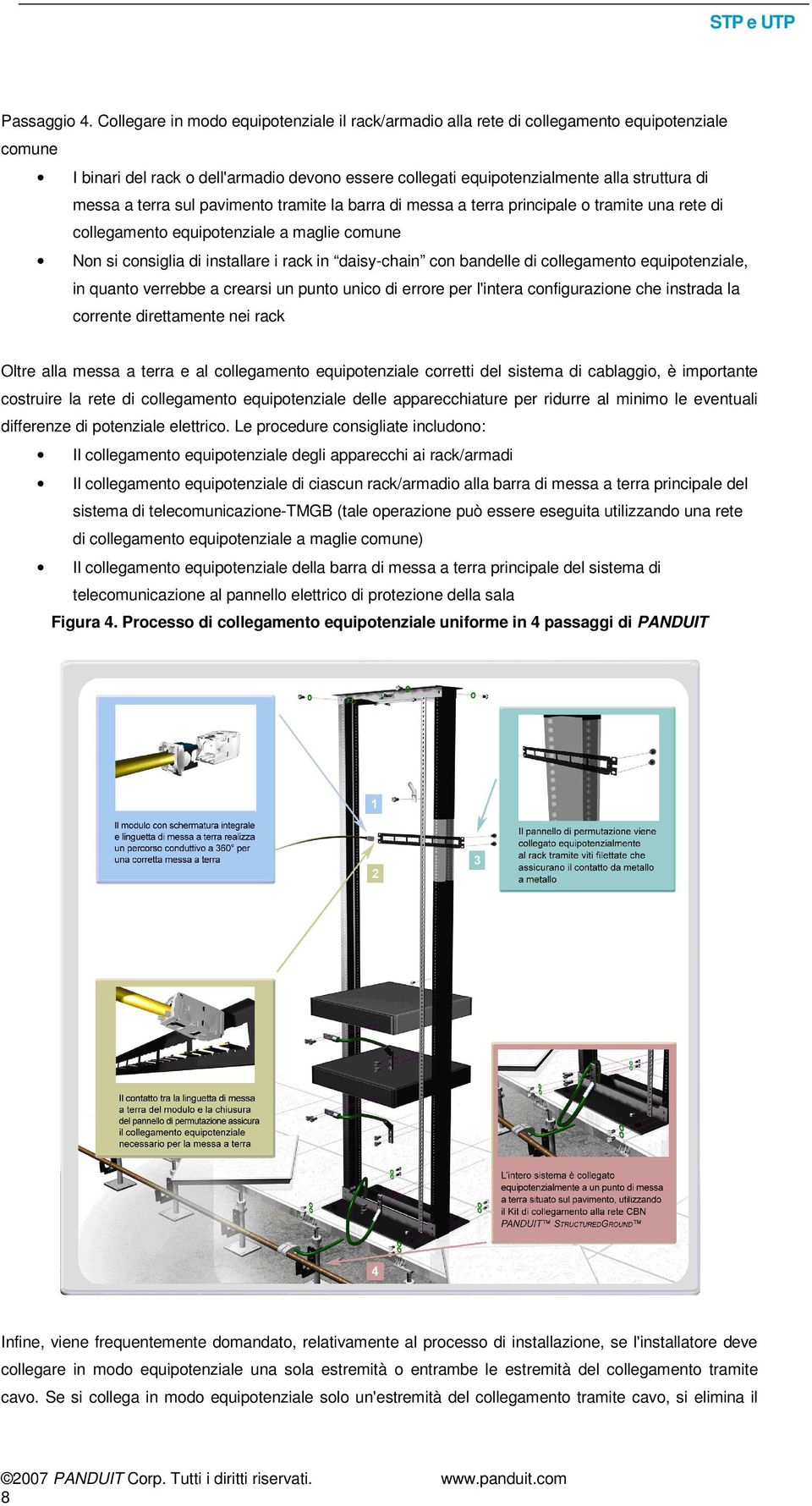 terra sul pavimento tramite la barra di messa a terra principale o tramite una rete di collegamento equipotenziale a maglie comune Non si consiglia di installare i rack in daisy-chain con bandelle di