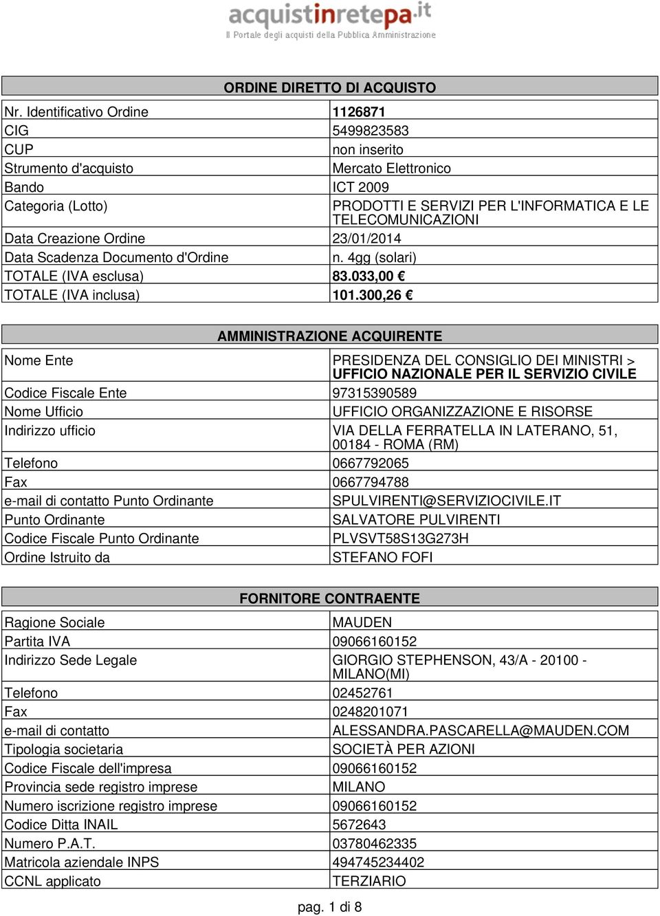 Data Creazione Ordine 23/01/2014 Data Scadenza Documento d'ordine n. 4gg (solari) TOTALE (IVA esclusa) 83.033,00 TOTALE (IVA inclusa) 101.