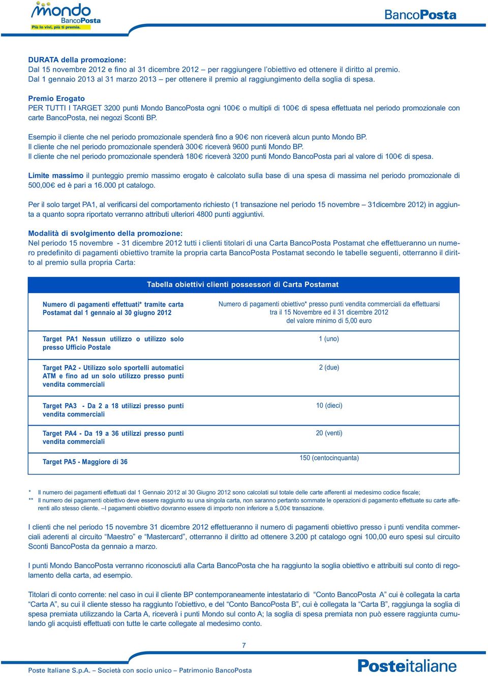 Premio Erogato PER TUTTI I TARGET 3200 punti Mondo BancoPosta ogni 100 o multipli di 100 di spesa effettuata nel periodo promozionale con carte BancoPosta, nei negozi Sconti BP.