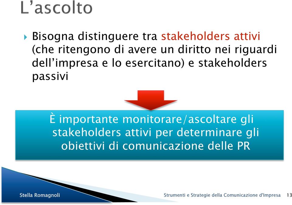 monitorare/ascoltare gli stakeholders attivi per determinare gli obiettivi di