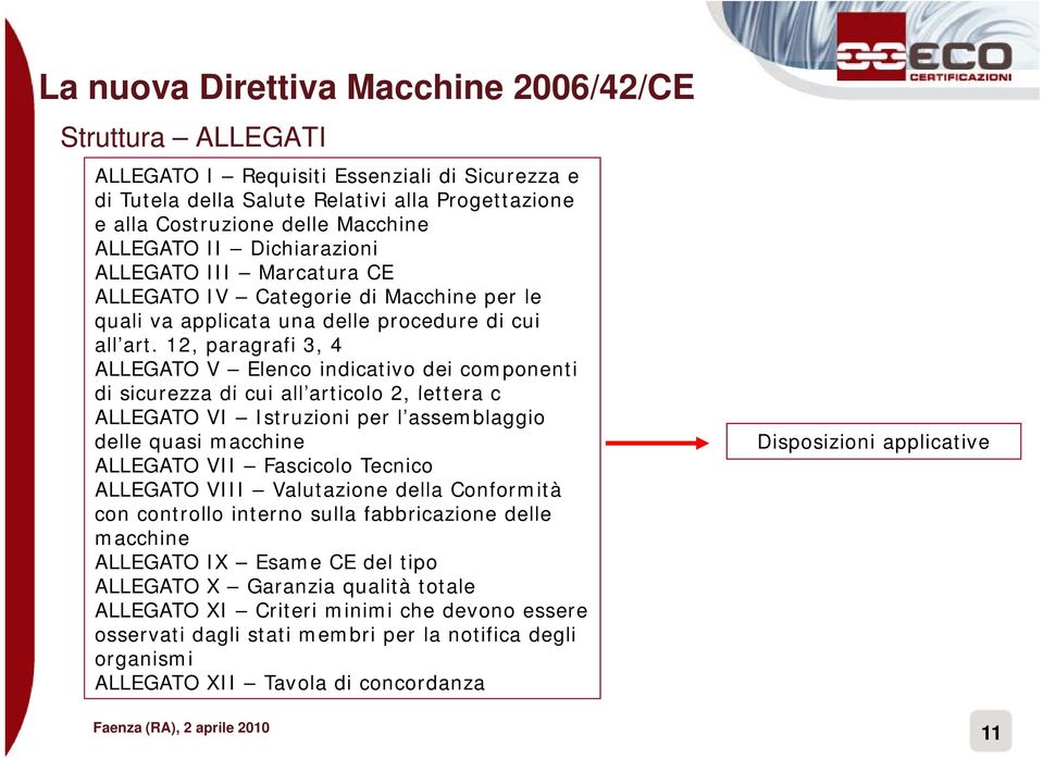 12, paragrafi 3, 4 ALLEGATO V Elenco indicativo dei componenti di sicurezza di cui all articolo 2, lettera c ALLEGATO VI Istruzioni per l assemblaggio delle quasi macchine ALLEGATO VII Fascicolo