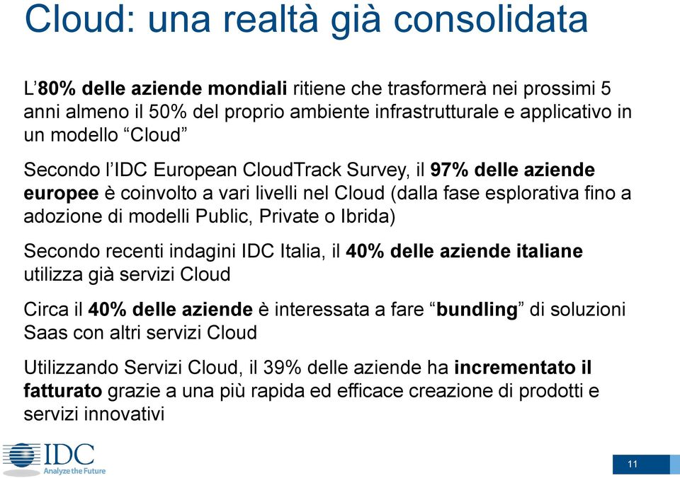 Private o Ibrida) Secondo recenti indagini IDC Italia, il 40% delle aziende italiane utilizza già servizi Cloud Circa il 40% delle aziende è interessata a fare bundling di soluzioni