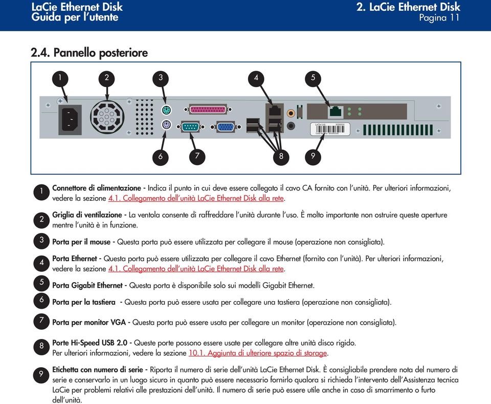 Per ulteriori informazioni, vedere la sezione 4.1. Collegamento dell unità LaCie Ethernet Disk alla rete. Griglia di ventilazione - La ventola consente di raffreddare l unità durante l uso.