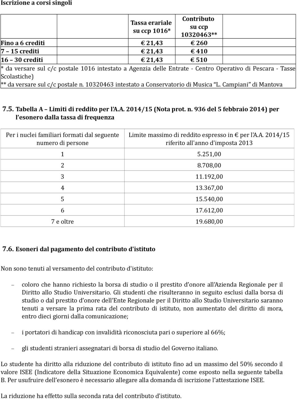 Tabella A Limiti di reddito per l'a.a. 2014/15 (Nota prot. n.