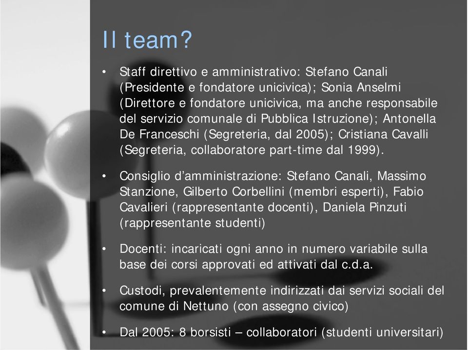 Istruzione); Antonella De Franceschi (Segreteria, dal 2005); Cristiana Cavalli (Segreteria, collaboratore part-time dal 1999).