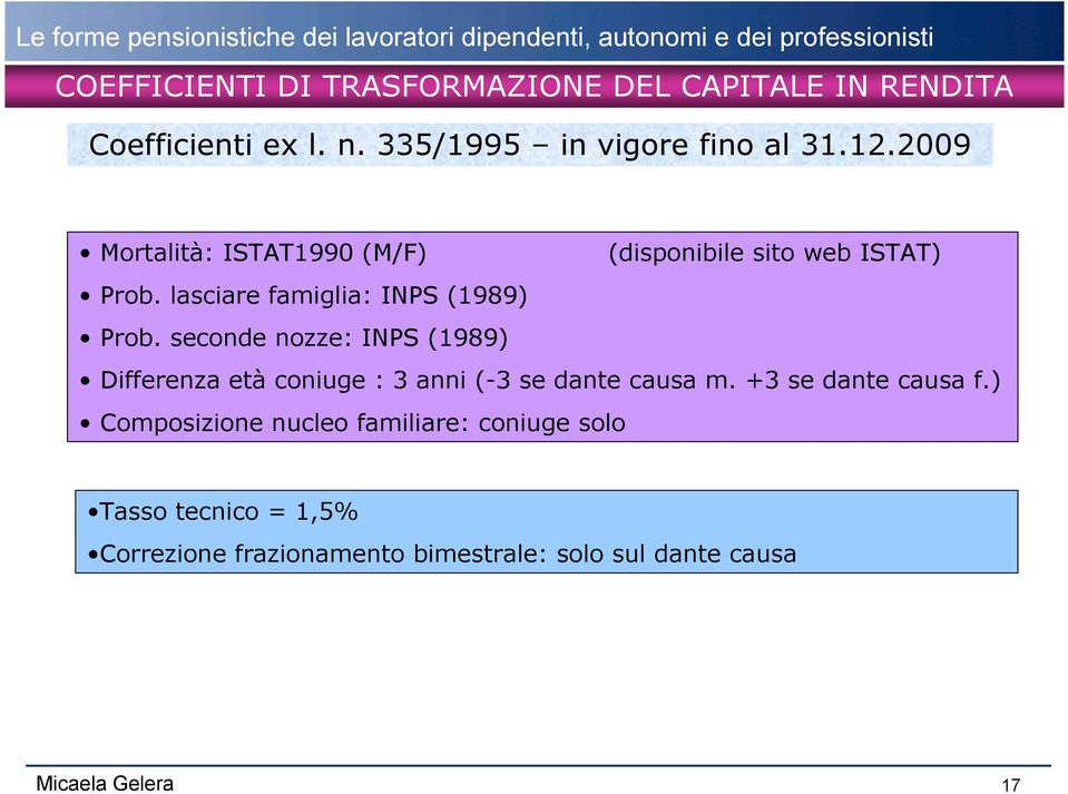 seconde nozze: INPS (1989) Differenza età coniuge : 3 anni (-3 se dante causa m. +3 se dante causa f.