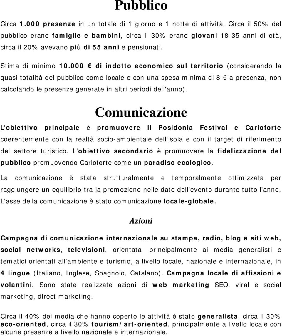 000 di indotto economico sul territorio (considerando la quasi totalità del pubblico come locale e con una spesa minima di 8 a presenza, non calcolando le presenze generate in altri periodi