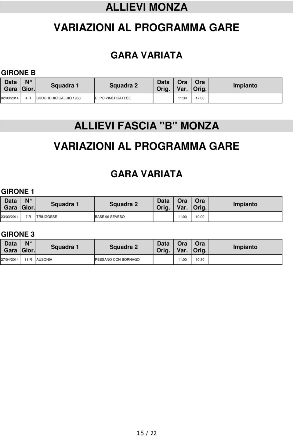 VARIAZIONI AL PROGRAMMA GARE GARA VARIATA GIRONE 1 23/03/2014 7 R TRIUGGESE BASE