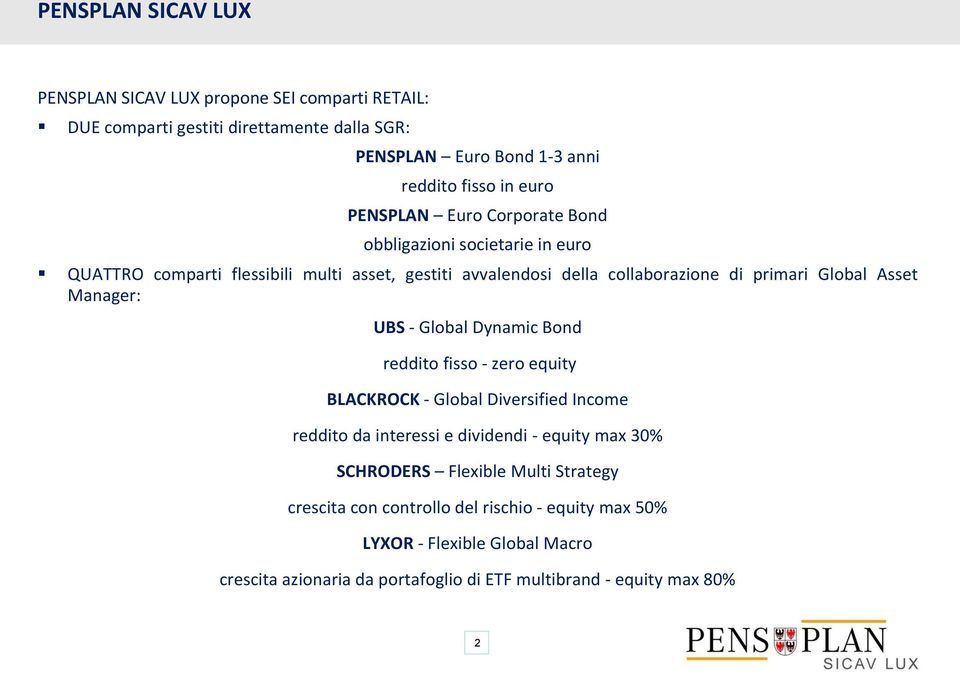 Manager: UBS - Global Dynamic Bond reddito fisso - zero equity BLACKROCK - Global Diversified Income reddito da interessi e dividendi - equity max 30% SCHRODERS